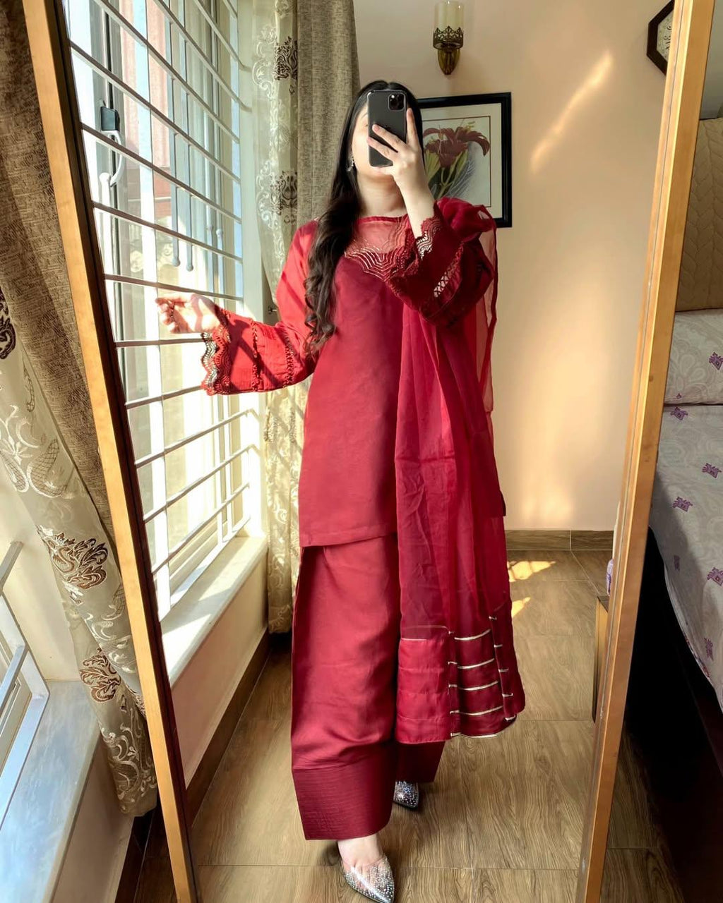 REDDISH MAHROON (FARSHI SHALWAR ) 3pc STITCHED FOR GIRLS