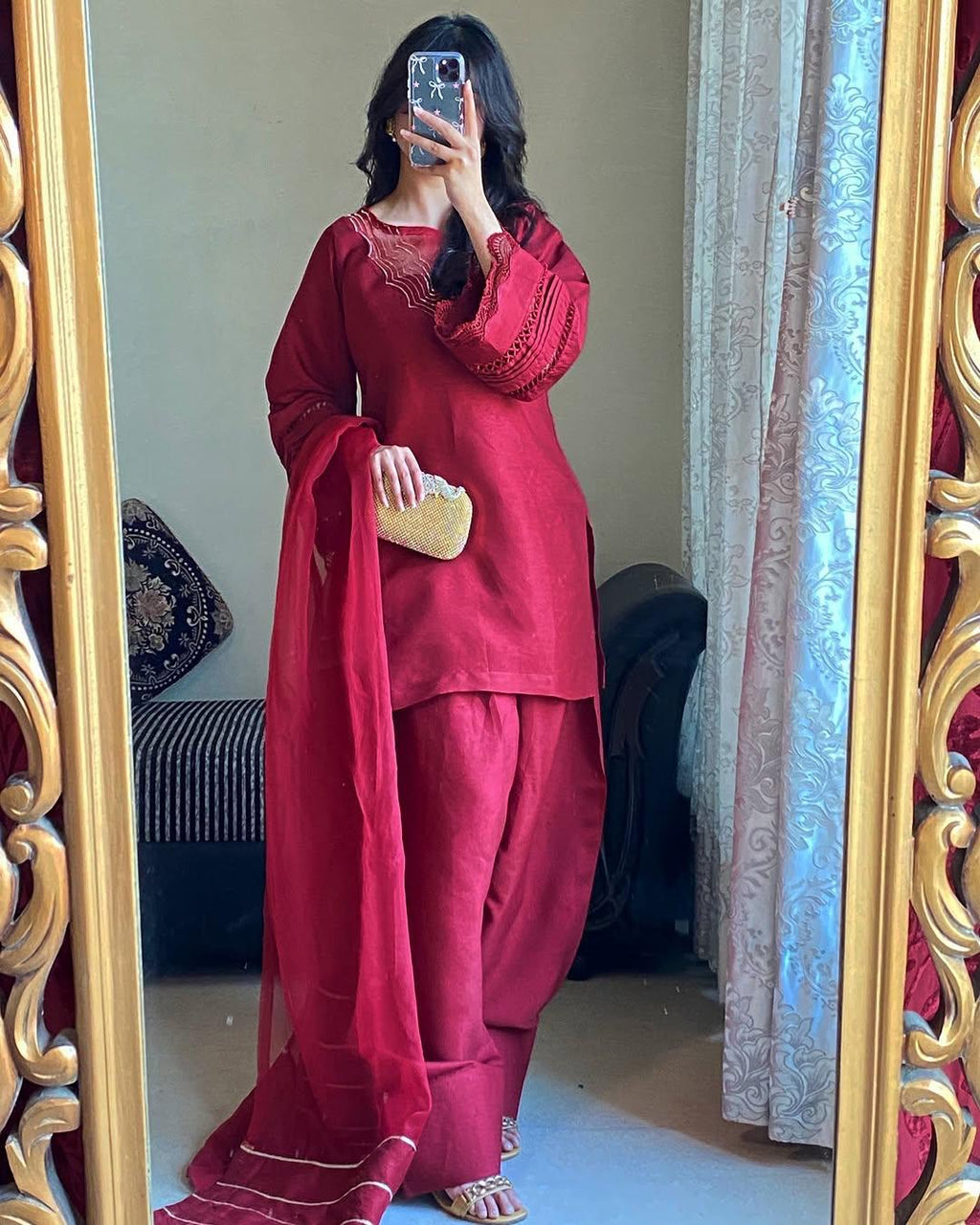 REDDISH MAHROON (FARSHI SHALWAR ) 3pc STITCHED FOR GIRLS