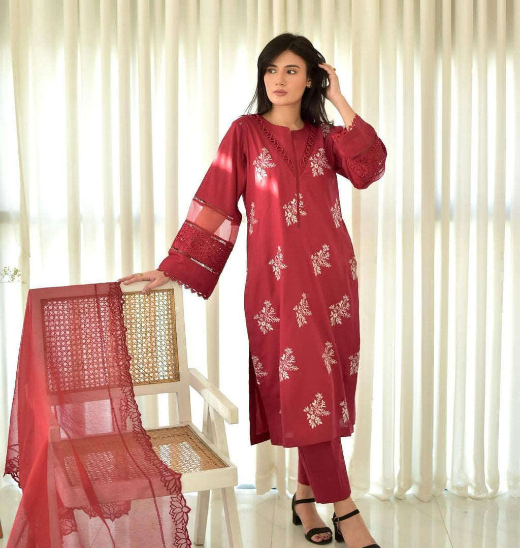 RED HORIYA EMB CO-ORD SET STITCHED FOR GIRLS