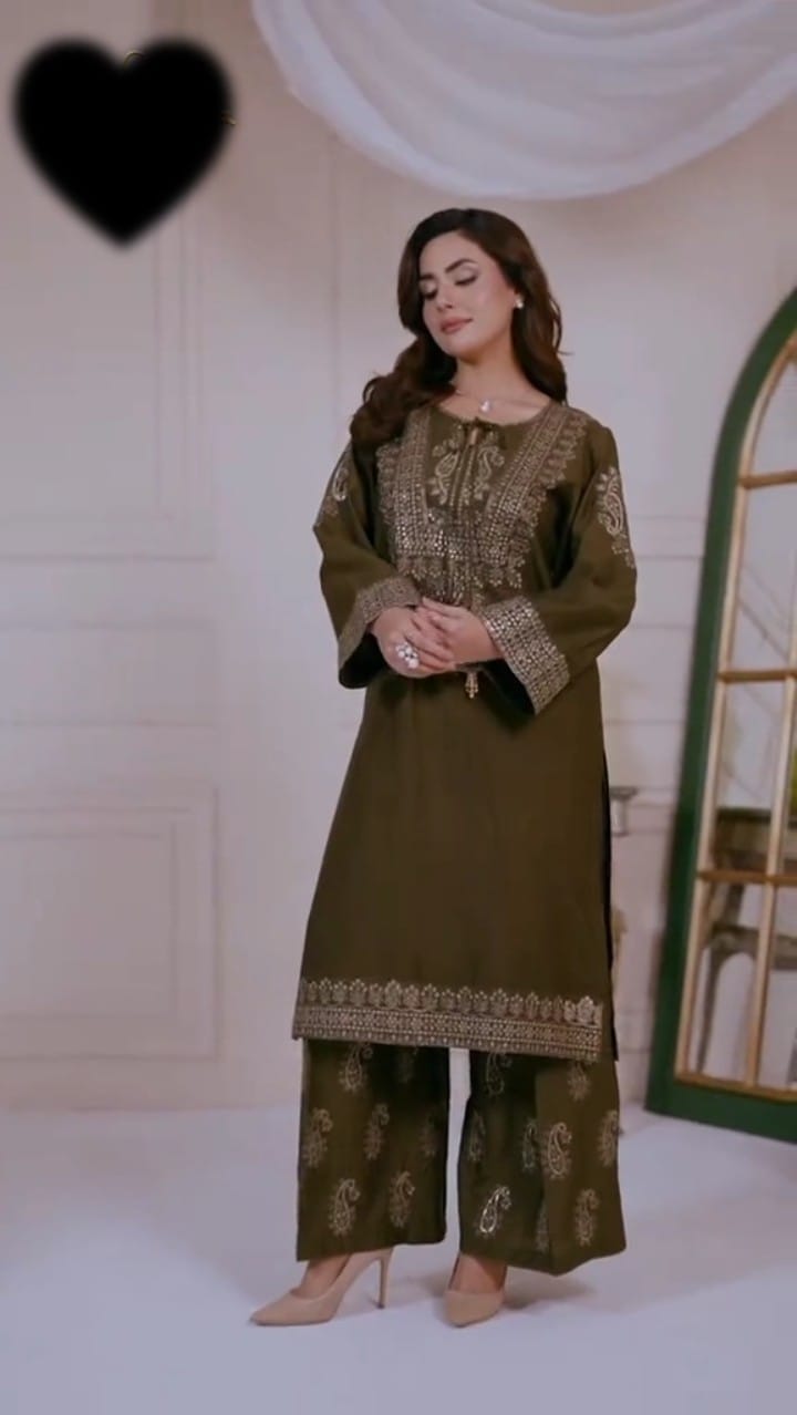 OLIVE CO-ORD SET STITCHED FOR GIRLS
