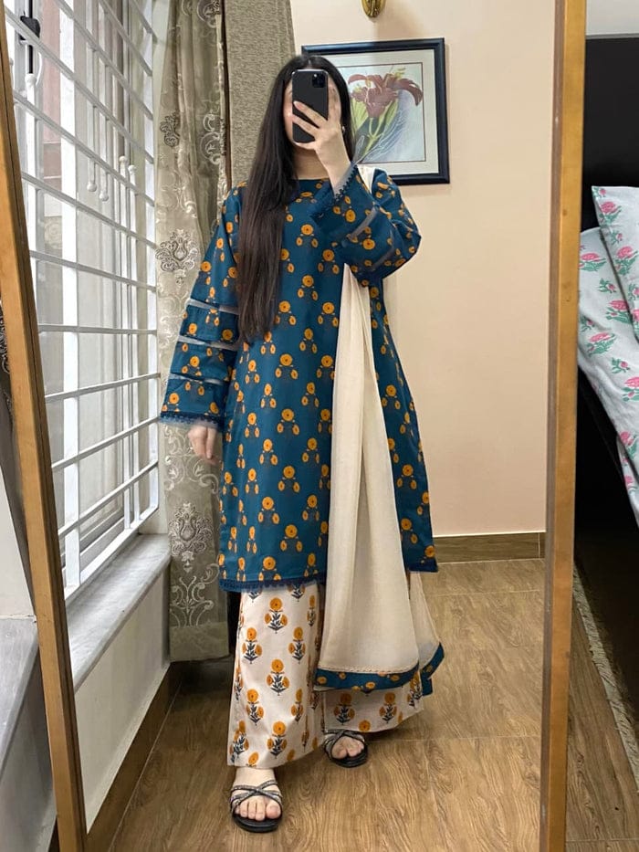 CAMBRIC 3PC PRINTED SUITE STITCHED FOR GIRLS