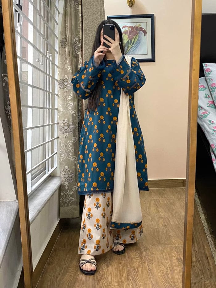 CAMBRIC 3PC PRINTED SUITE STITCHED FOR GIRLS