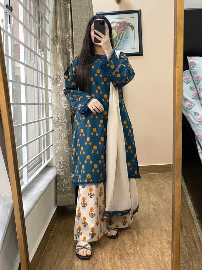 CAMBRIC 3PC PRINTED SUITE STITCHED FOR GIRLS